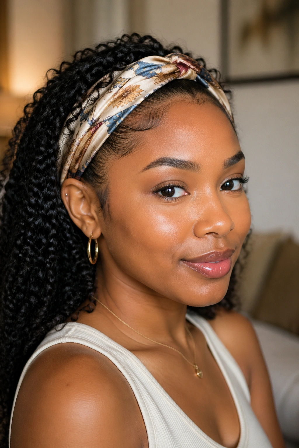 Close-up of a real woman wearing a silk scarf headband with gel-defined curls behind.
