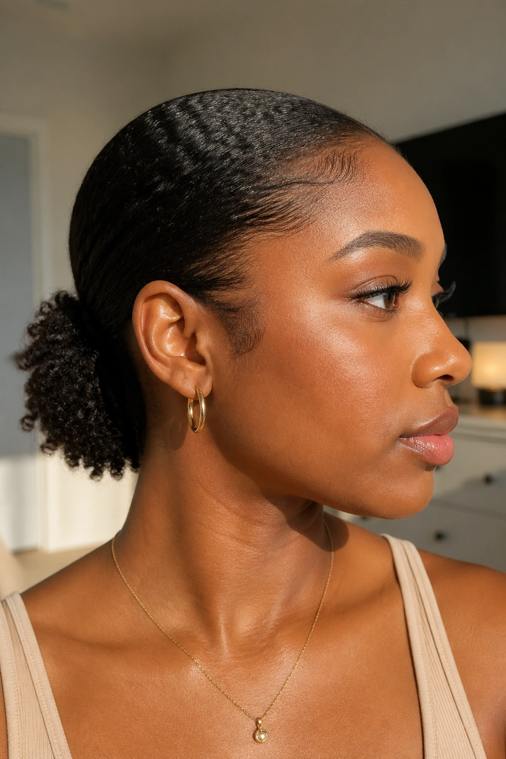 Close-up of a real person with a gel-slicked low pony at the nape.