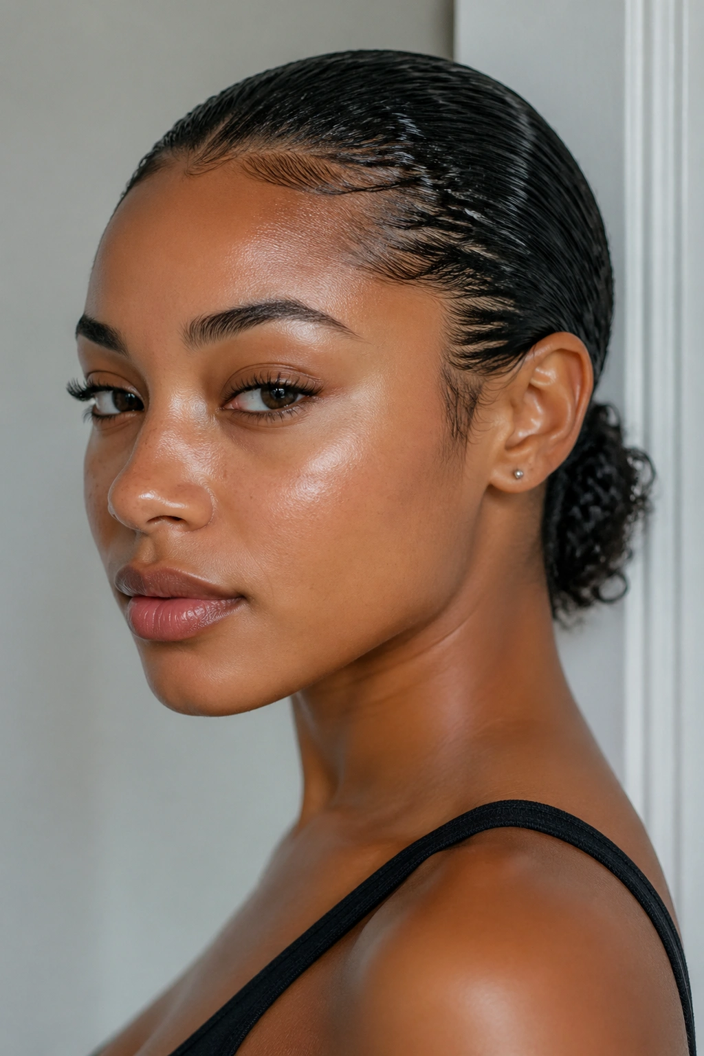 Close-up of a real woman with a gel-slicked wet look hair