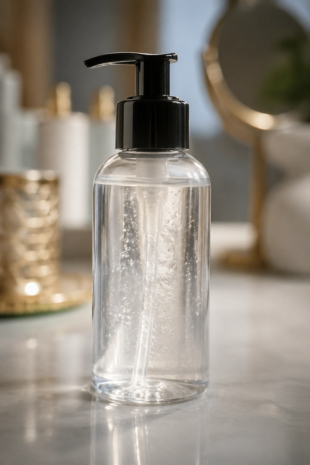 Close-up of a strong-hold gel bottle for curly hair on a bathroom counter