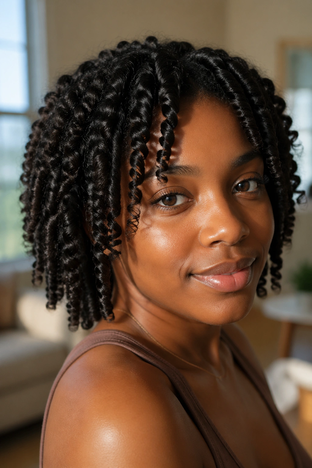Close-up portrait of a real woman with gel twist-out curls.