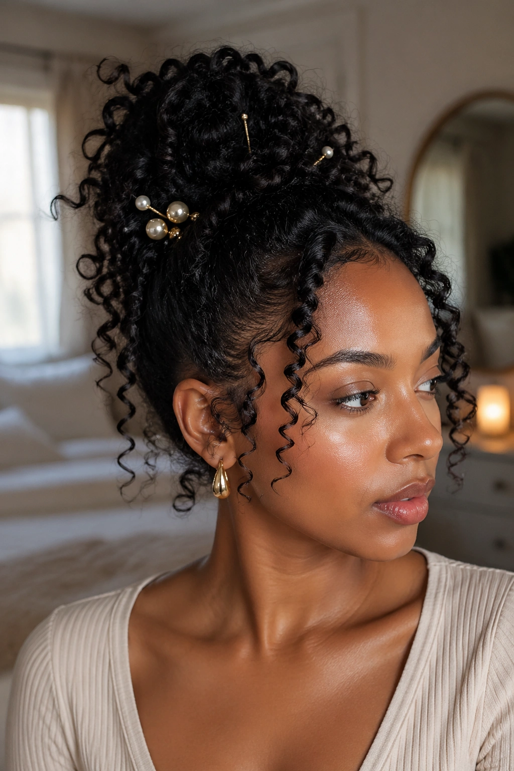 Close-up portrait of a real woman with a gel-defined updo featuring pinned curls and pearl pins.