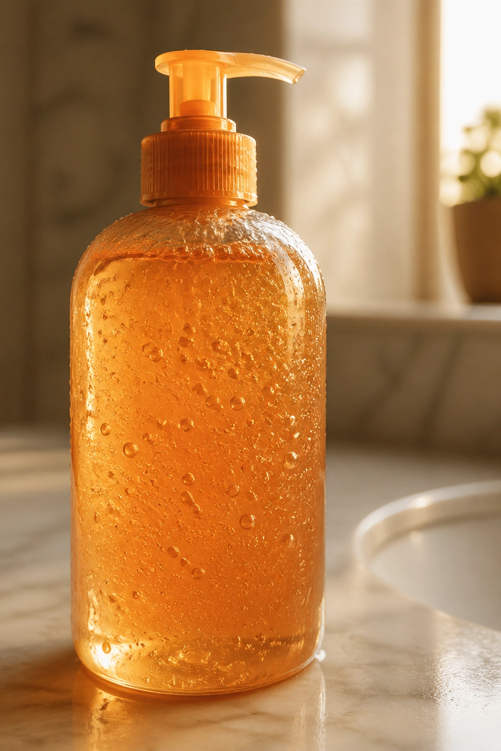 Gel bottle in golden hour light demonstrating the classic wash-and-go method as the hero.