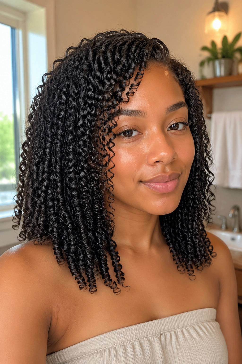 Close-up of a real woman with defined curls from shingling wash-and-go.
