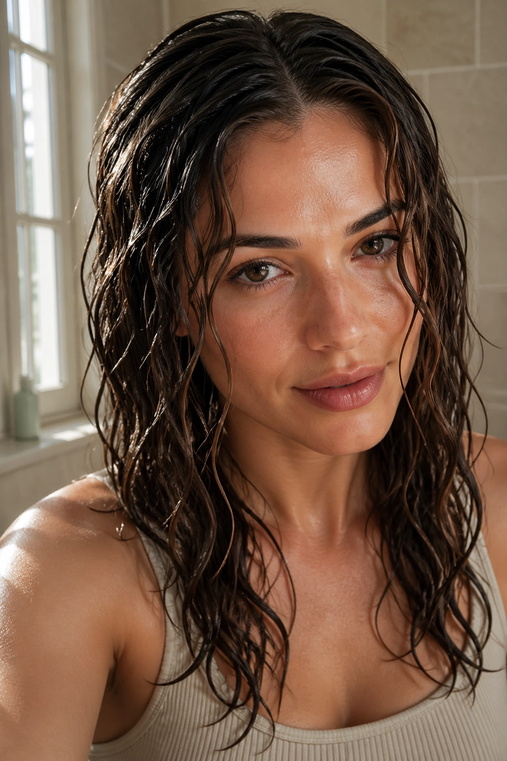 Close-up portrait of a real woman with gel-cast wet waves and damp shine