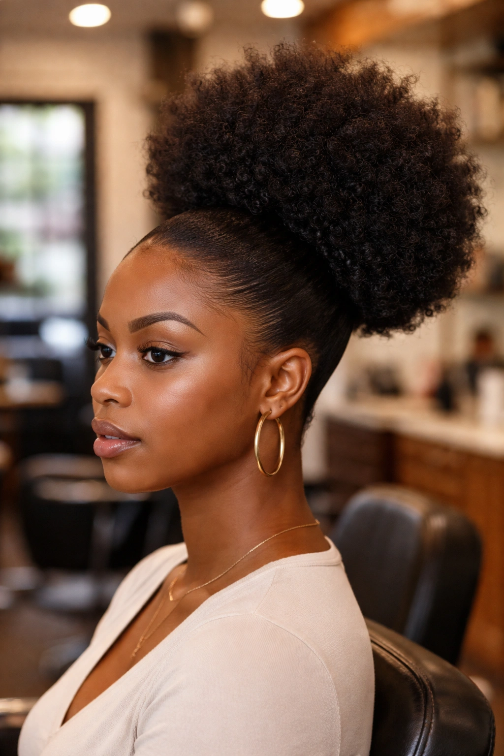 Close-up of a real woman with a flat gelled base and voluminous picked-out top puff in a hair-salon setting