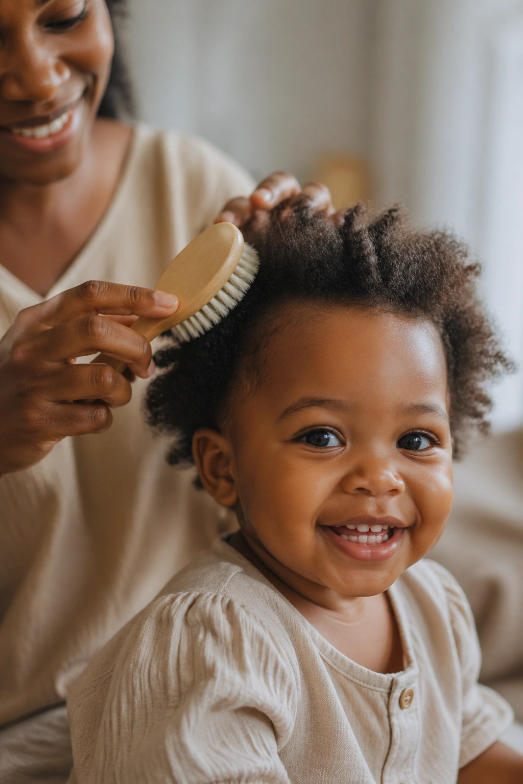 Toddler during hair time with gentle brushing in a cozy home