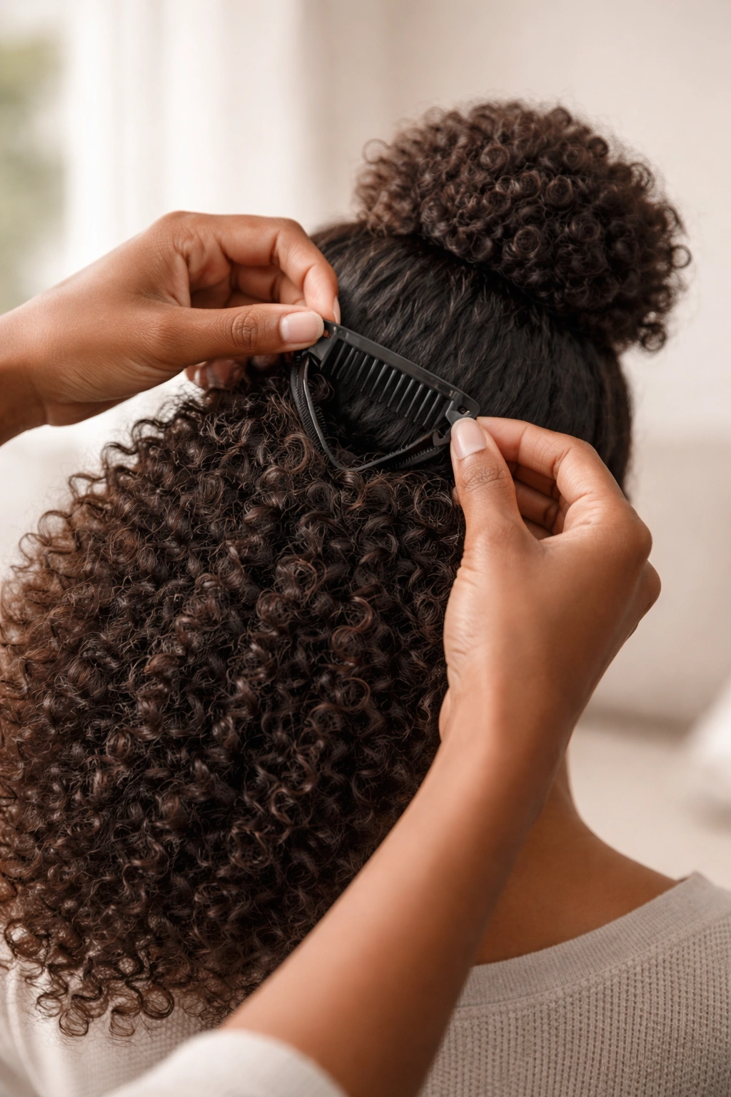 Hands removing clips and drawstring before removing curly ponytail