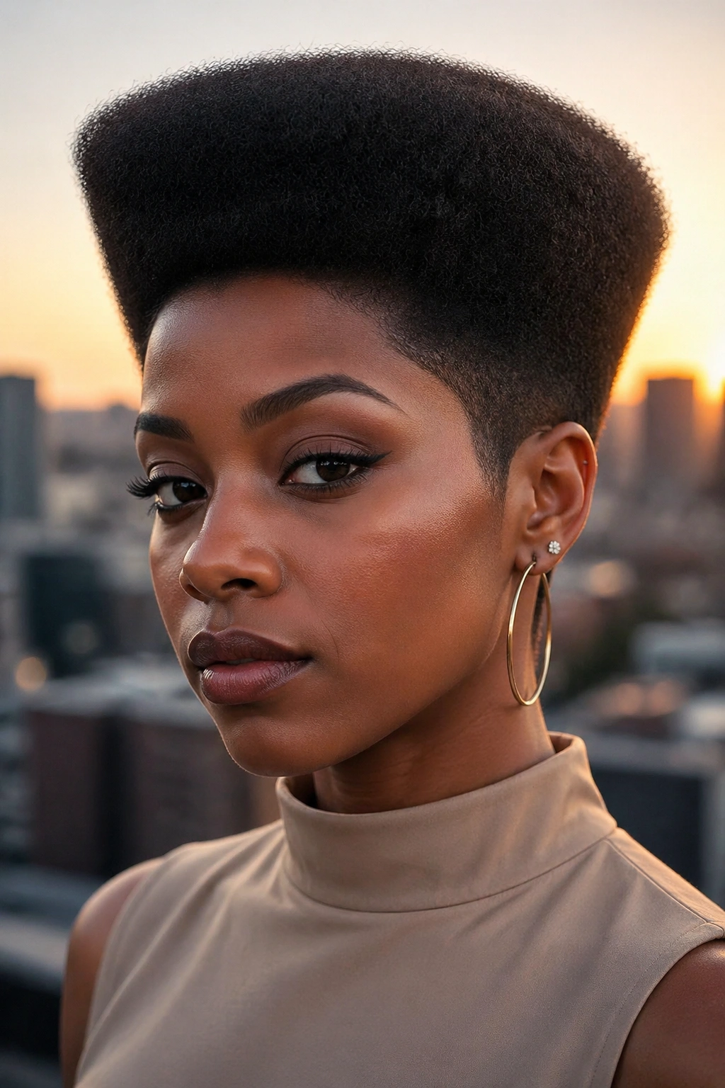 Close-up of a real person with a sculpted geometric afro