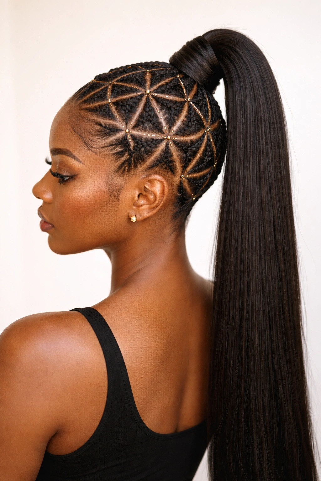 Front view of high pony with geometric beaded braids on the scalp.