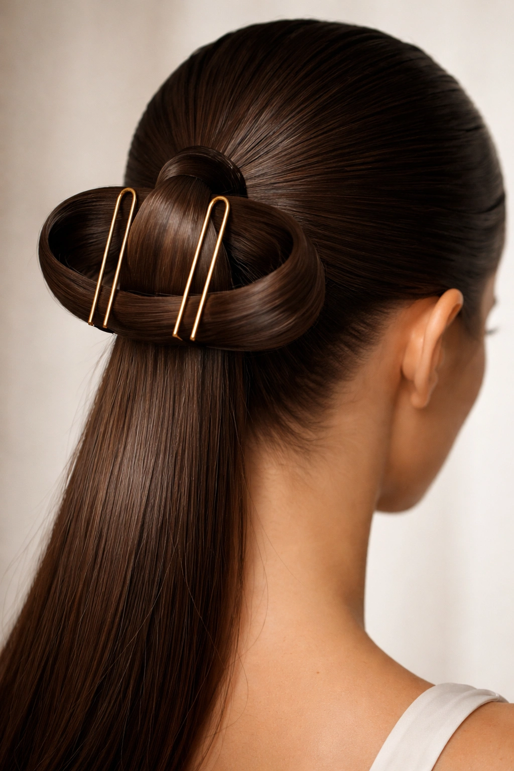 Close-up of a sleek minimalist geometric bun with a high ponytail and looped bun