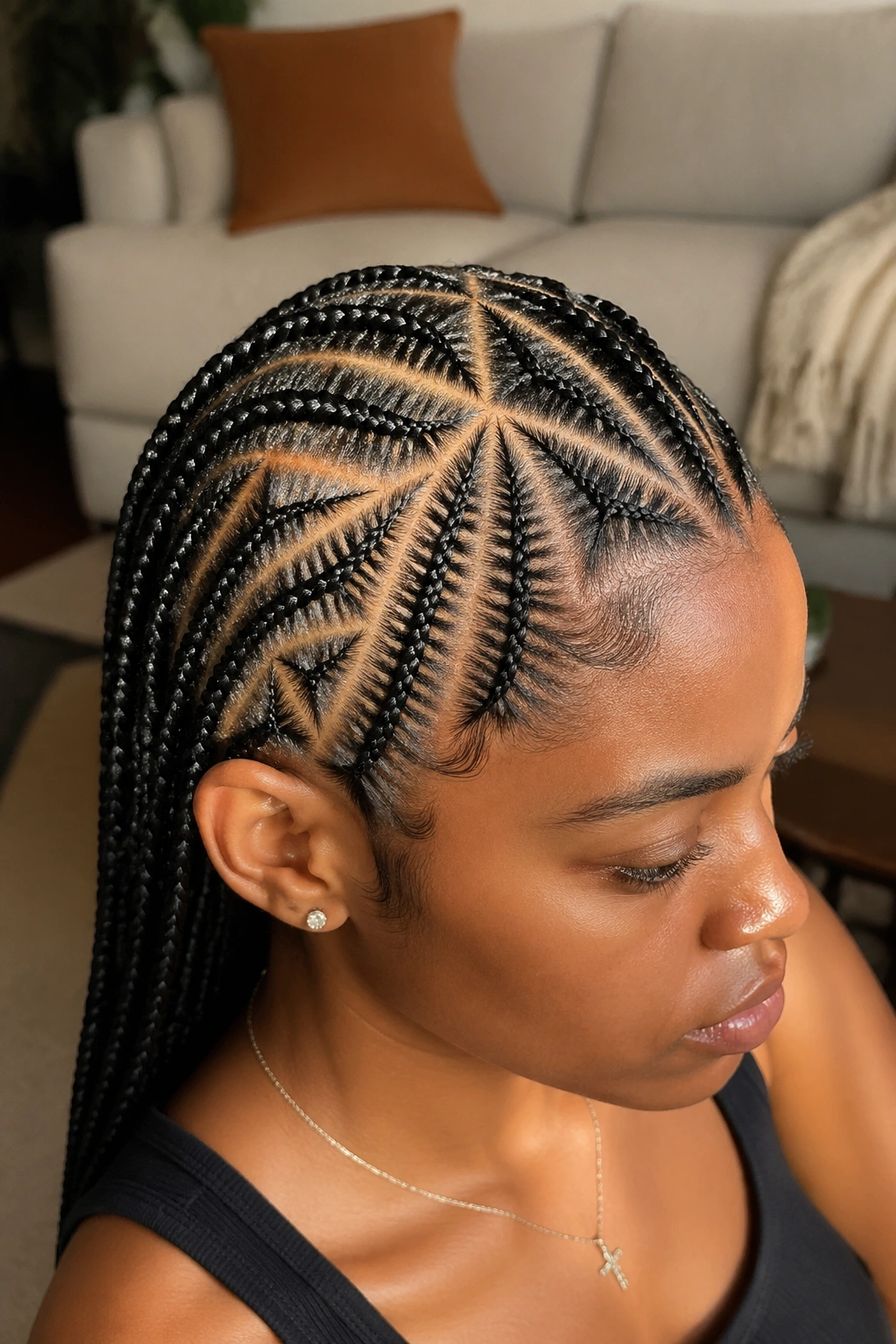 Close-up of a real person with geometric geometric-part cornrows on the scalp