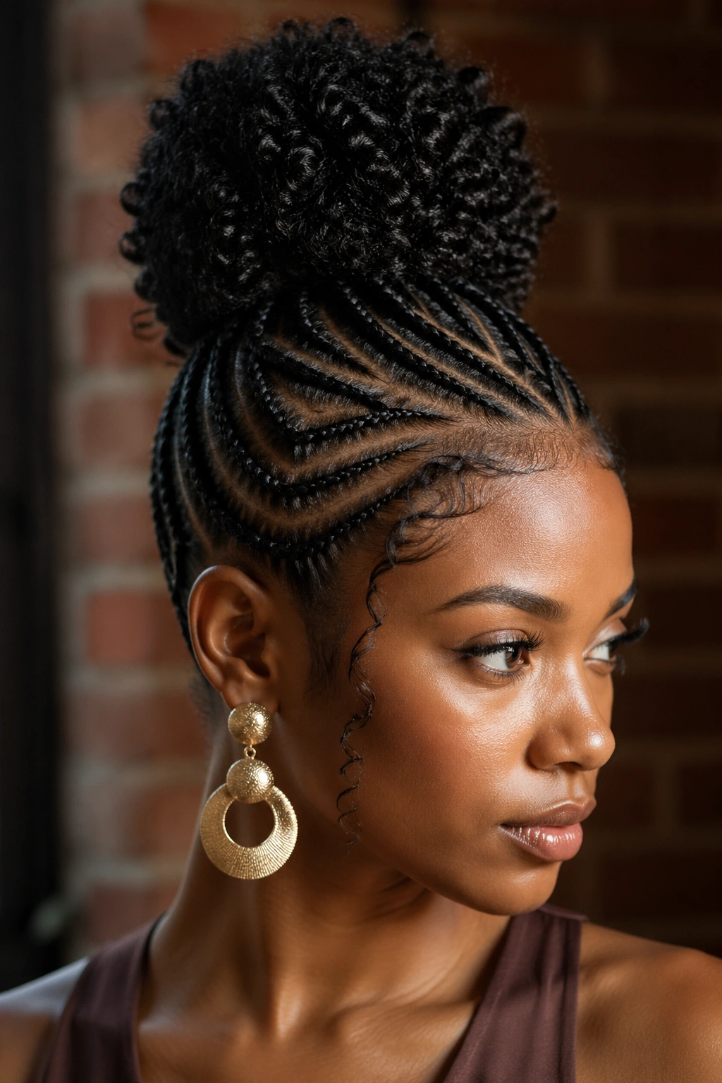 Close-up of a real woman with geometric cornrows and tightly coiled curls forming a central bun