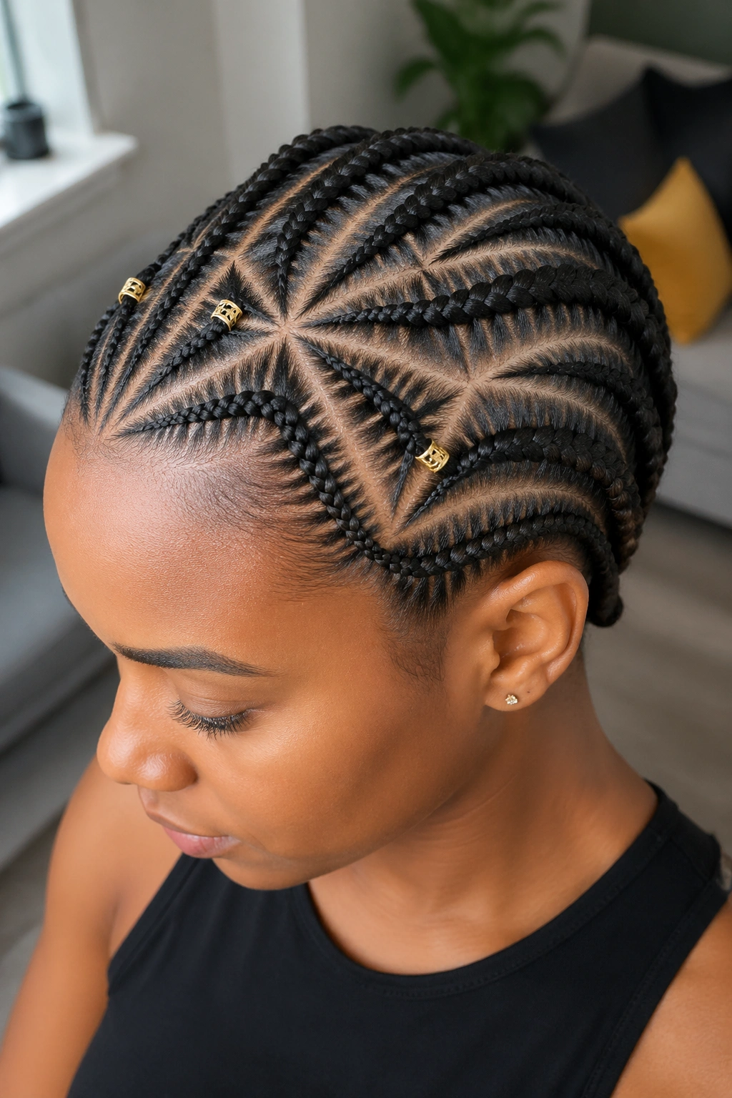 Close-up of a person with geometric cornrows and gold cuffs