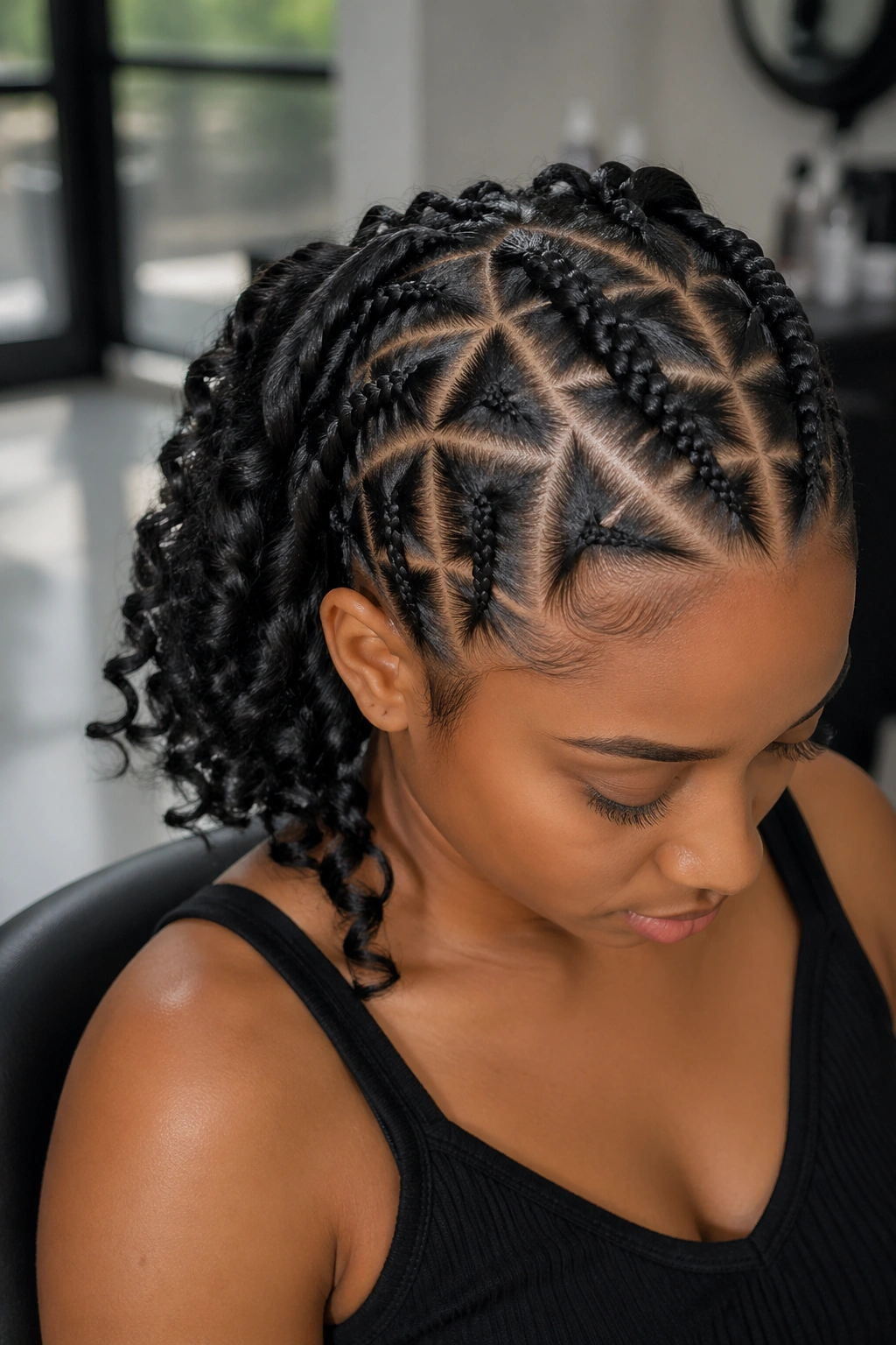 Close-up of a real woman showing geometric cornrow parts forming diamonds and triangles with curls at the back.