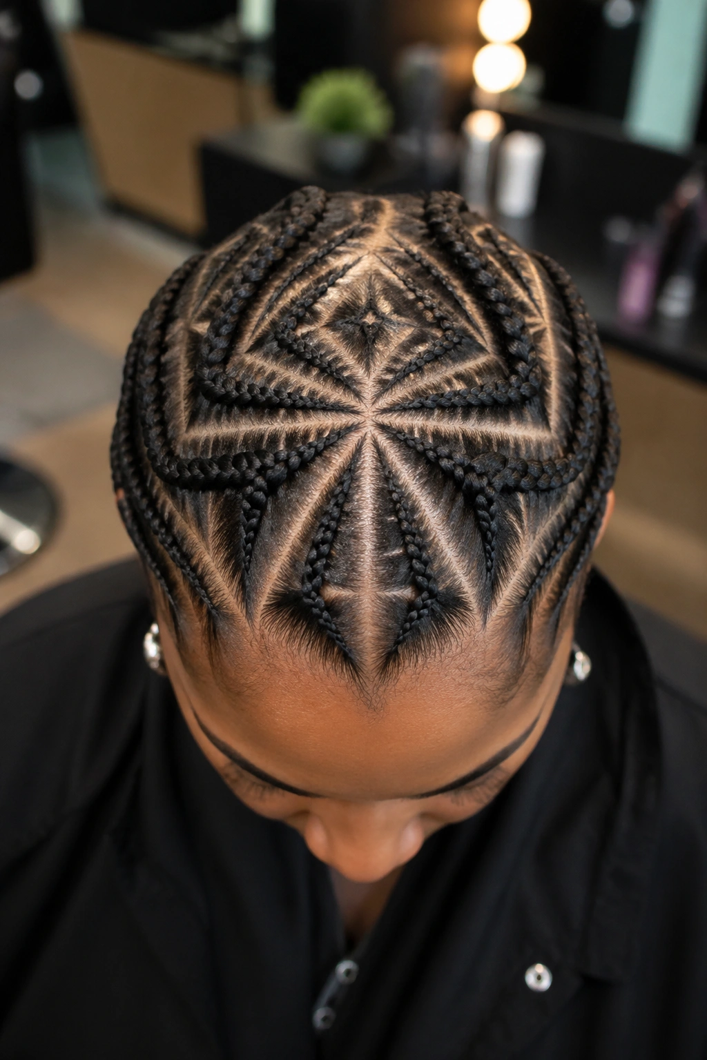 Top-down view of a real person's scalp with geometric cornrow sections including triangles and diamonds.