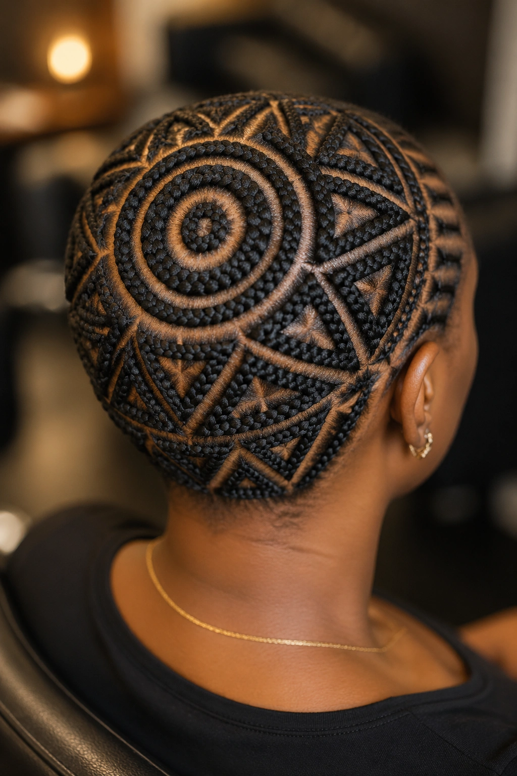 Back of head close-up showing tribal geometric cornrow pattern on a real person