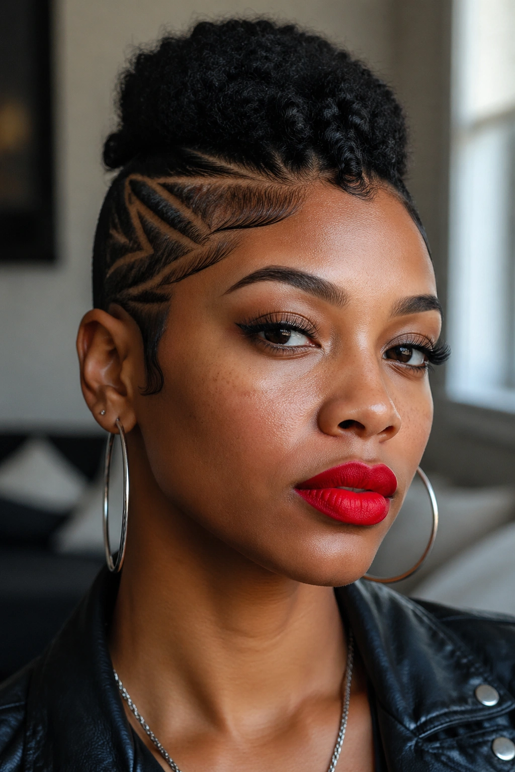 Portrait of a woman with geometric edge patterns along the hairline and bold red lips.