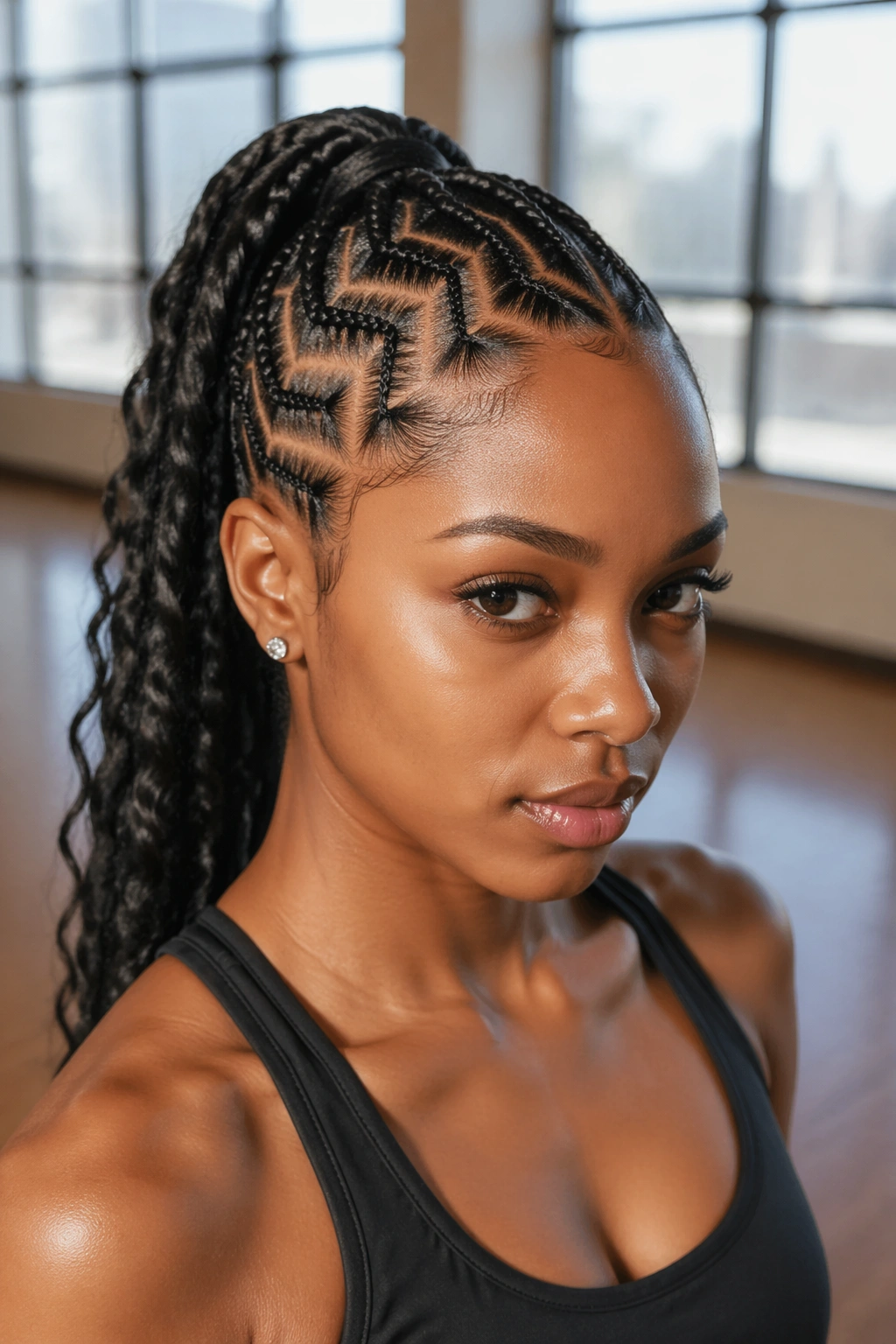 Close-up portrait of a real Black woman with a geometric front cornrow pattern and ponytail
