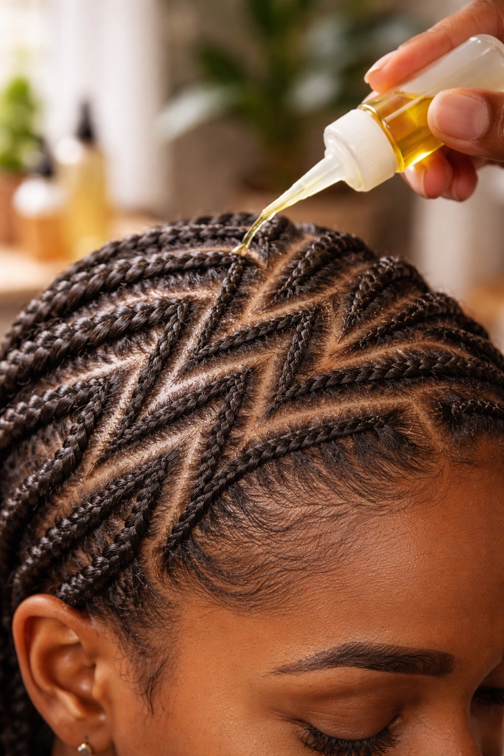 Close-up of scalp with geometric zigzag parts and oil along parts