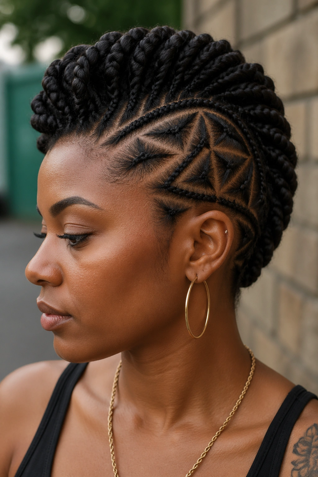 Portrait of a woman with geometric-patterned side cornrows and a central Mohawk