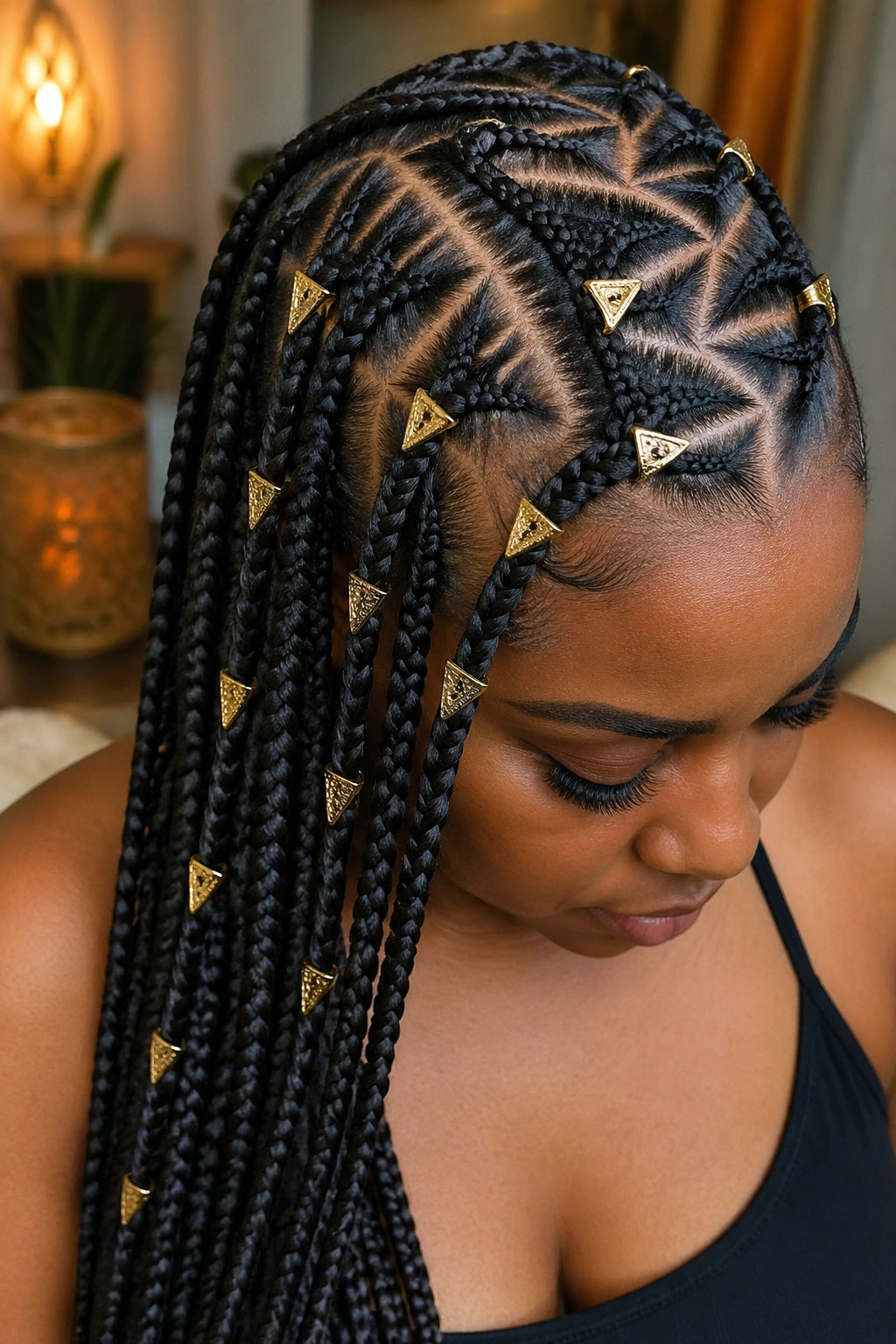Close-up of geometric zigzag cornrows with triangular beads at apex