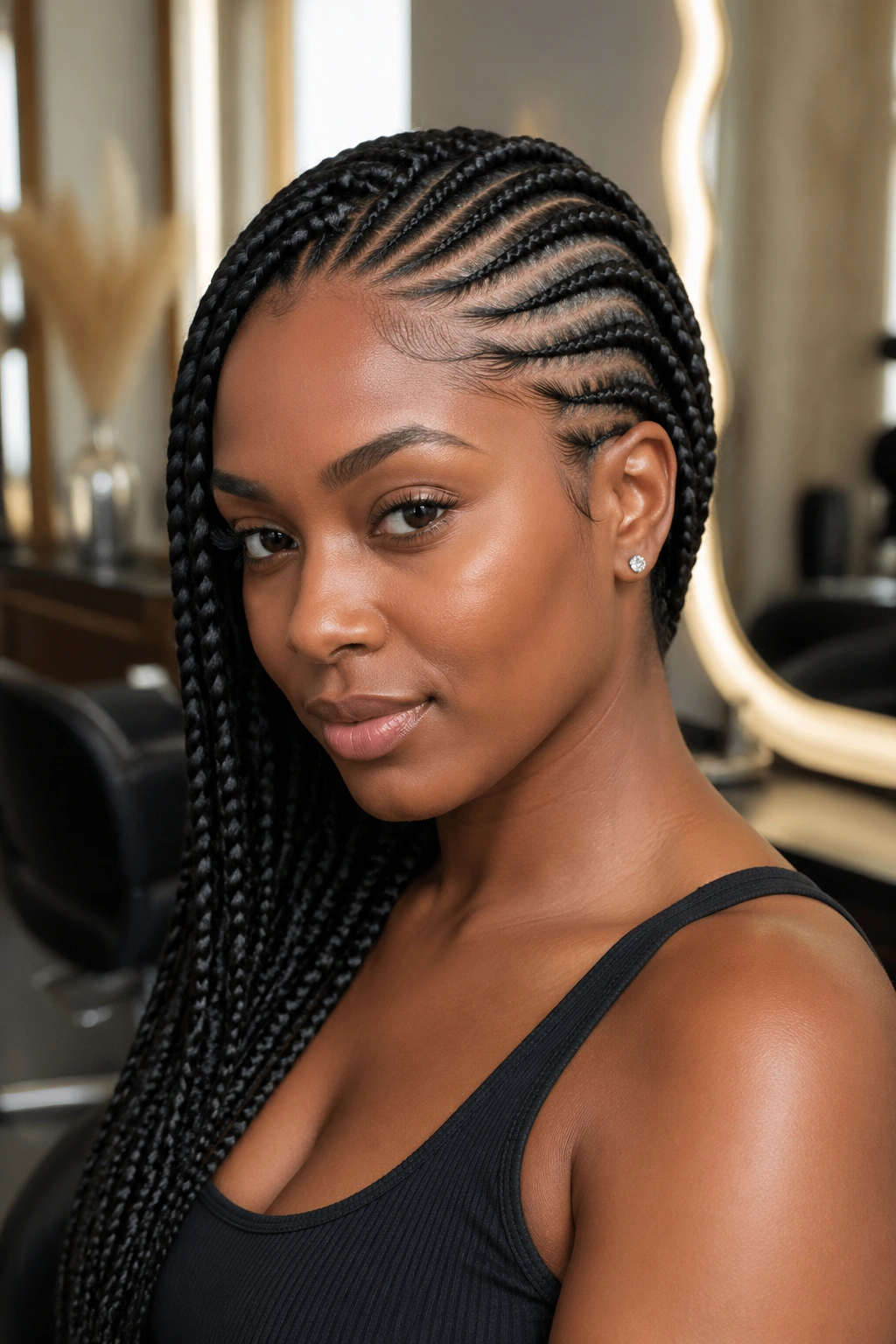 Portrait of a woman with Ghana braid side cornrows