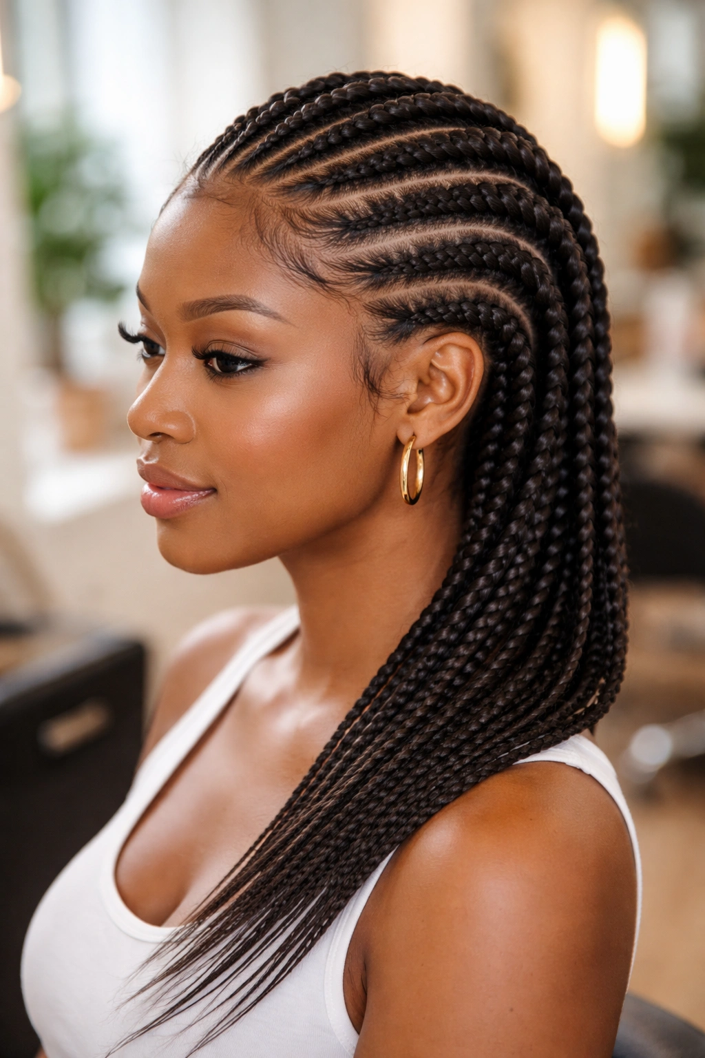 Portrait of a real woman with banana-shaped Ghana braids feeding back toward the nape.