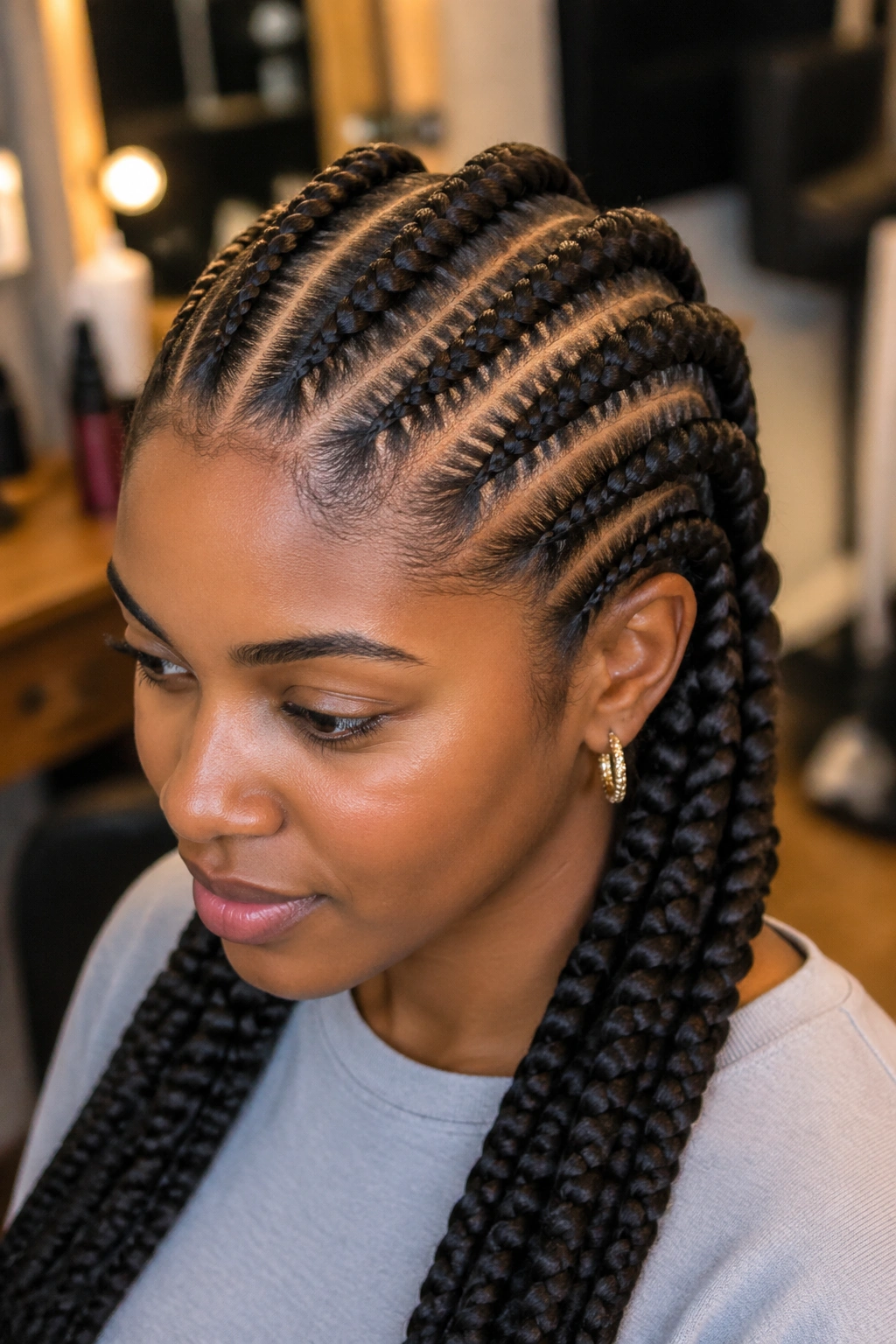 Close-up portrait of a real woman with thick Ghana braids in a warm salon.