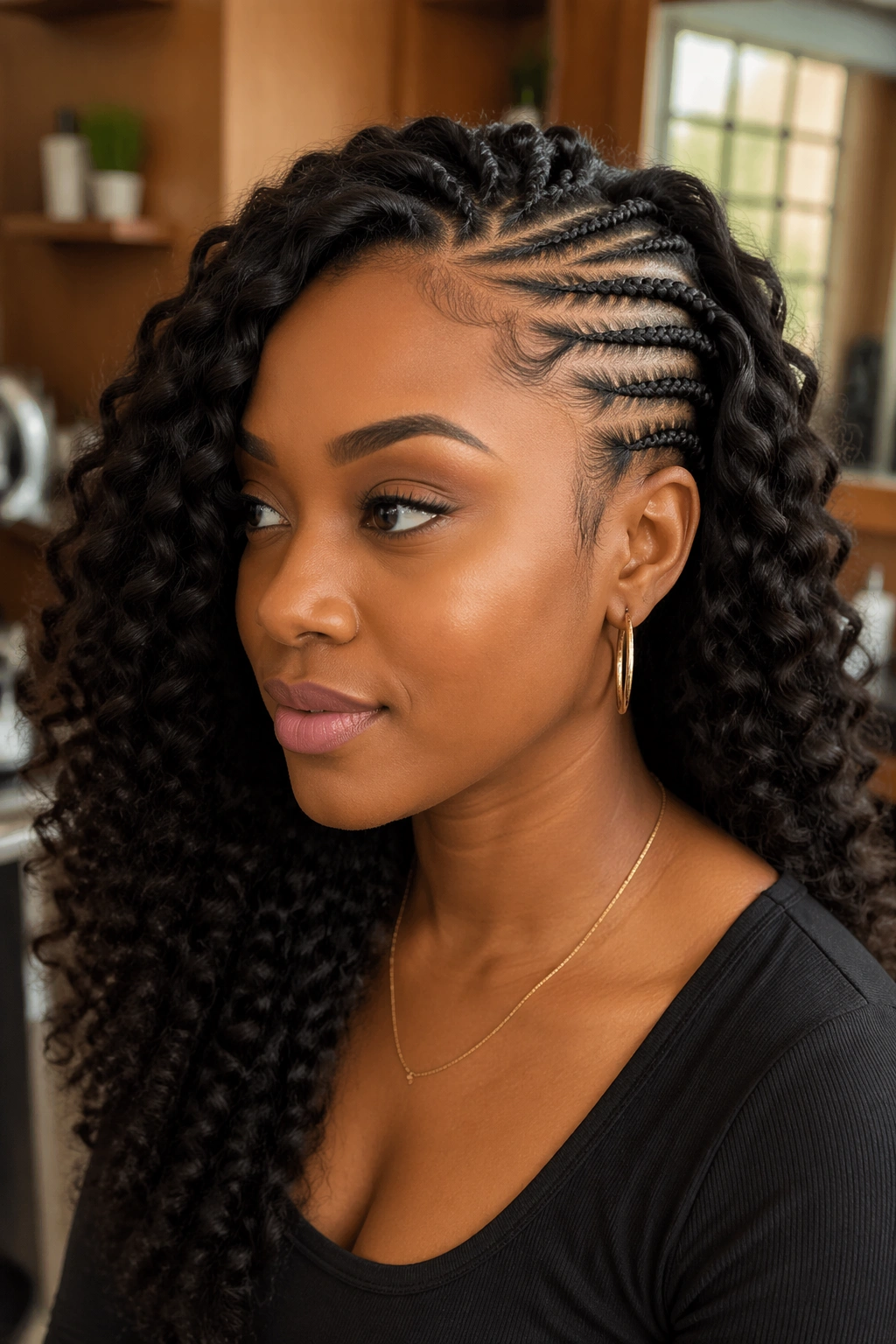 Close-up portrait of a woman with Ghana braid on one side and loose curls on the other in a warm salon setting.