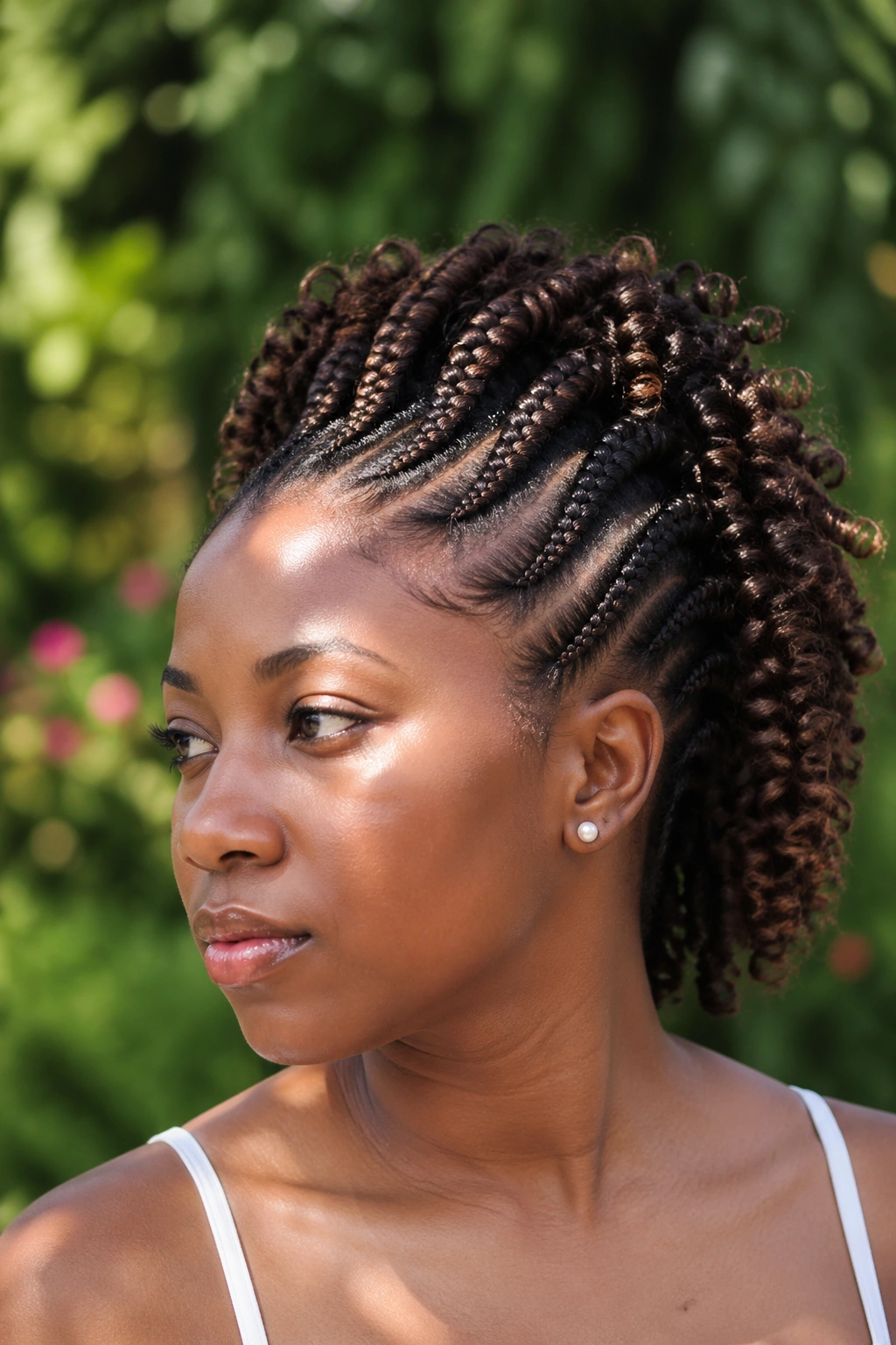 Close-up of a real woman with Ghana braids curving around the head and curly ends hanging.