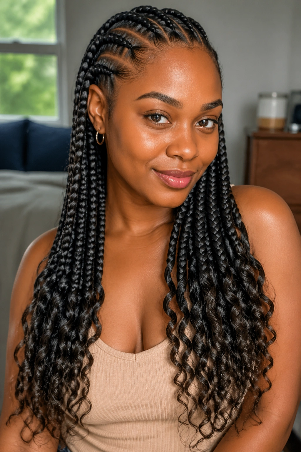 Real woman with Ghana braids tapering into curly ends