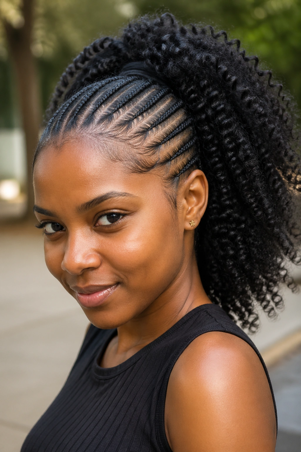 Real woman with Ghana braids at the front and voluminous curls at the back