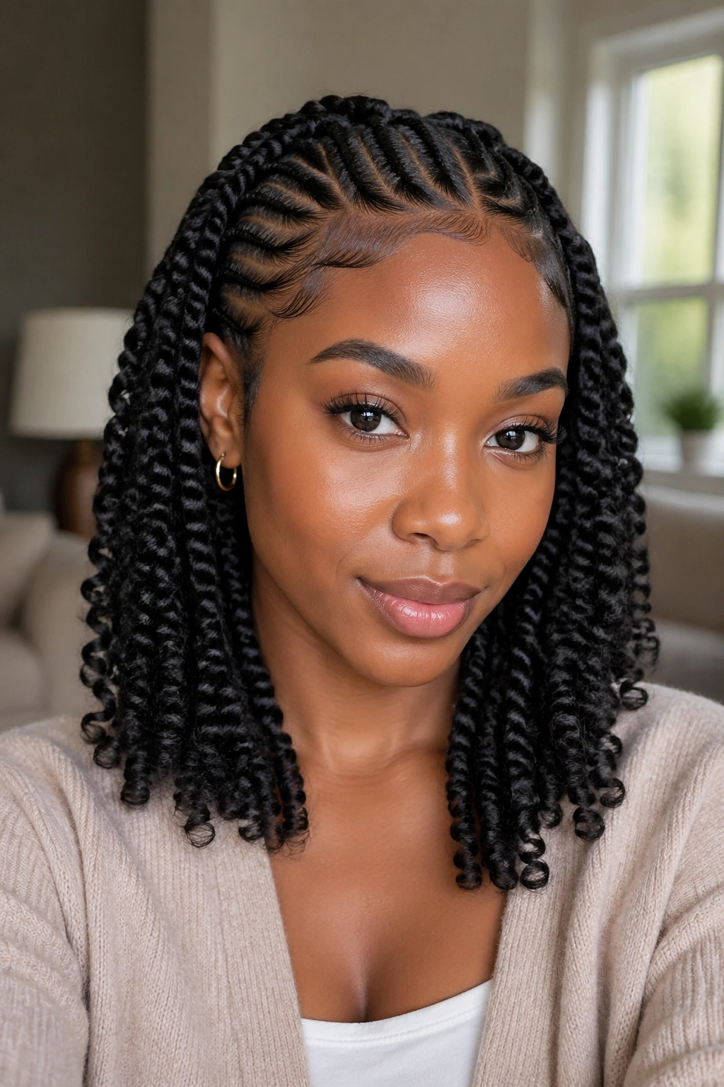 Close-up of a woman with Ghana braids ending in twist-out curls under warm window light