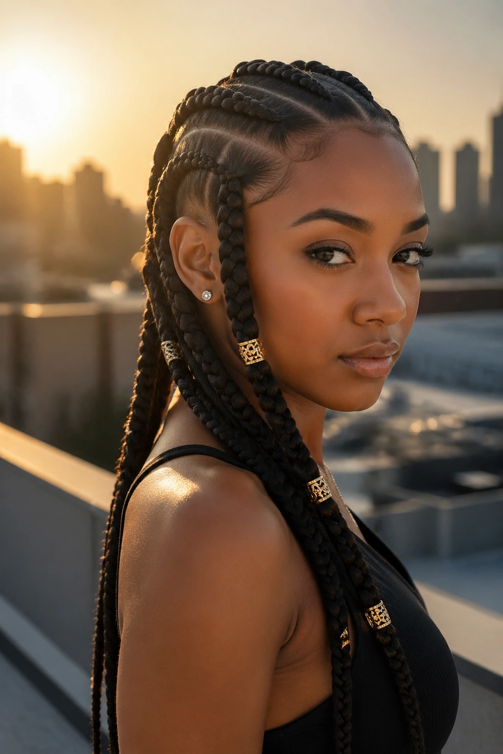 Close-up of a real woman with chunky Ghana cornrows and gold cuffs outdoors at golden hour