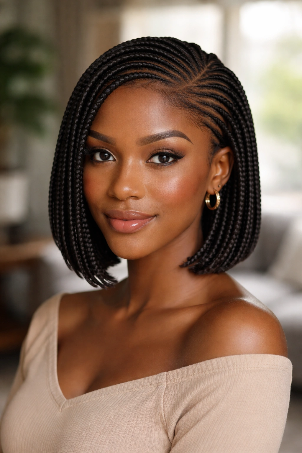 Close-up portrait of jaw-length Ghana cornrow bob on a real woman in natural window light