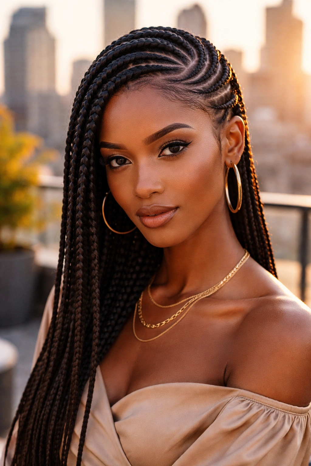 Close-up of a real woman's head with irregular asymmetric parting in Ghana cornrows
