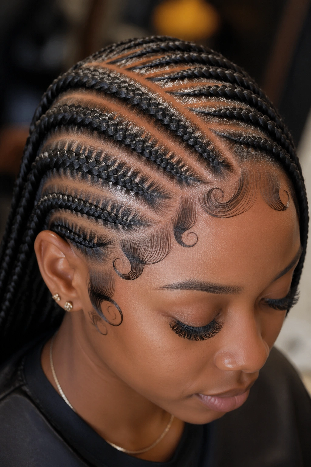 Close-up of diagonal side-swept cornrows with intricate baby hair design on a real person.