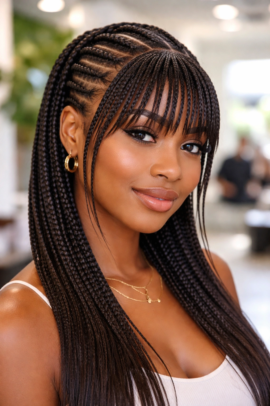 Close-up of front Ghana cornrows with feed-in bangs on a real person in a bright salon