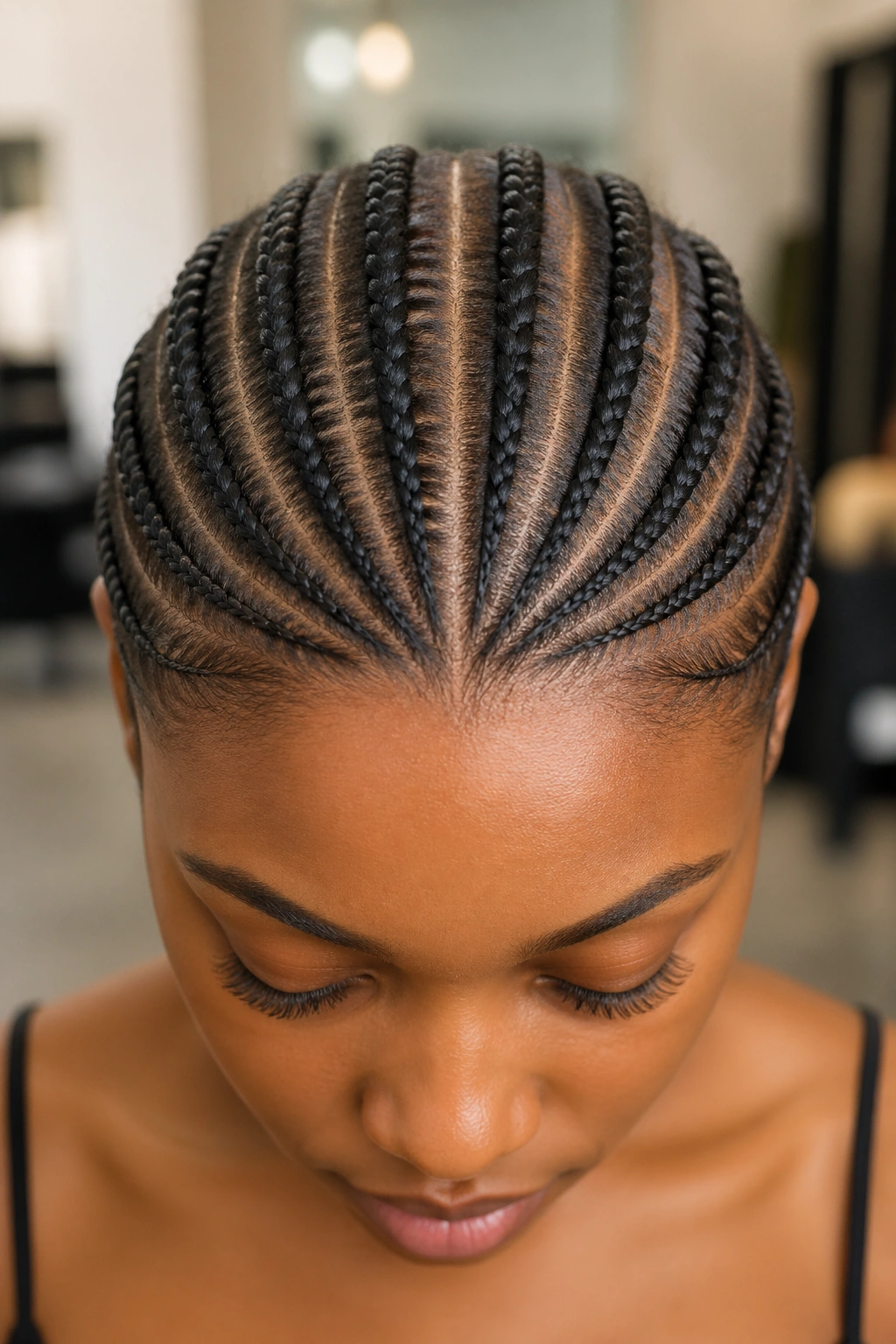 Front close-up of real person with a straight center part and cornrows on both sides.
