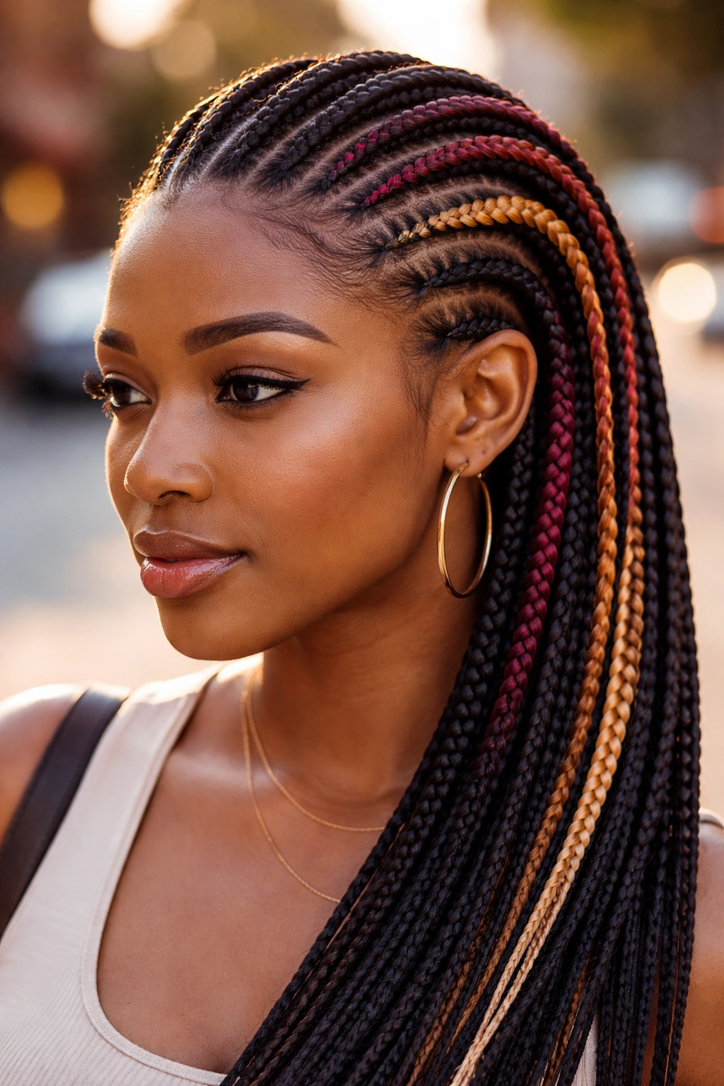Close-up of a real woman's Ghana cornrows with asymmetric burgundy, copper, and honey blonde color accents
