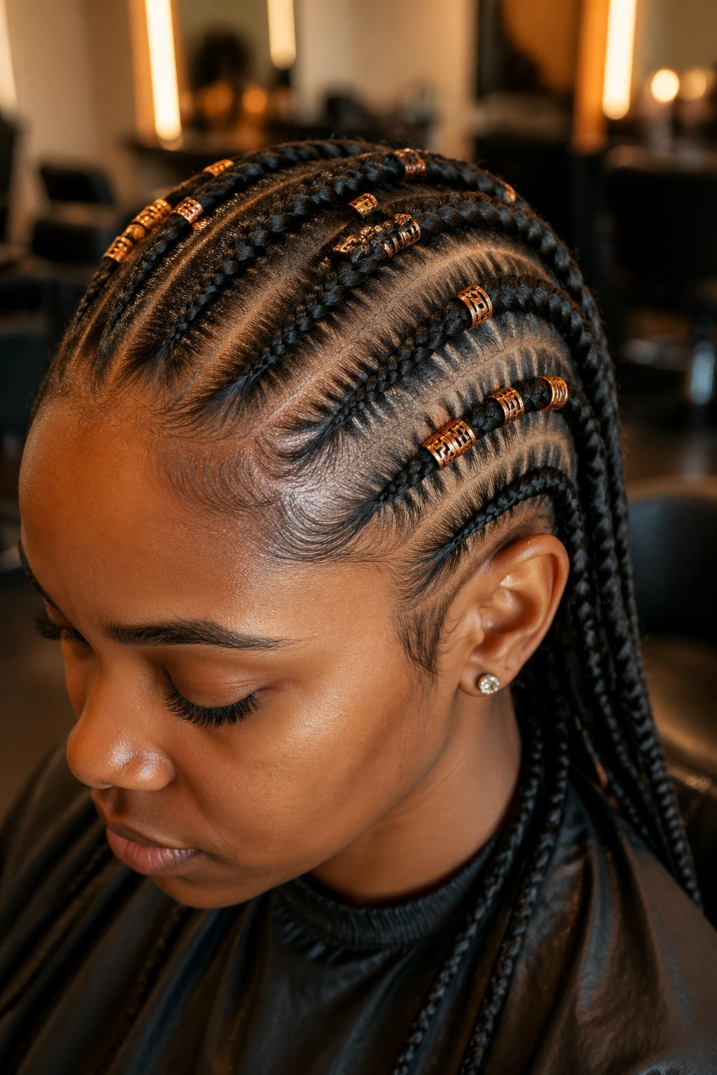 Close-up of cornrows with copper cuffs on a real person.