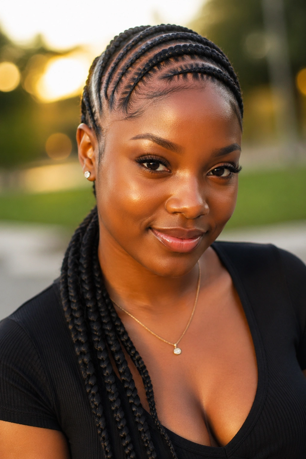 Real woman with curved Ghana cornrows swept to the left shoulder