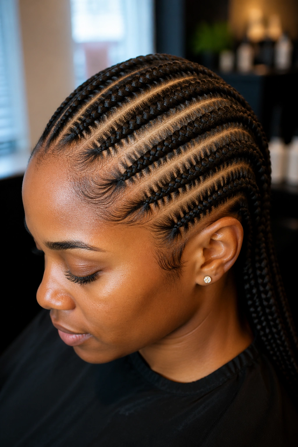 Close-up of a real woman with diagonal Ghana cornrows slanting across the scalp in a salon setting
