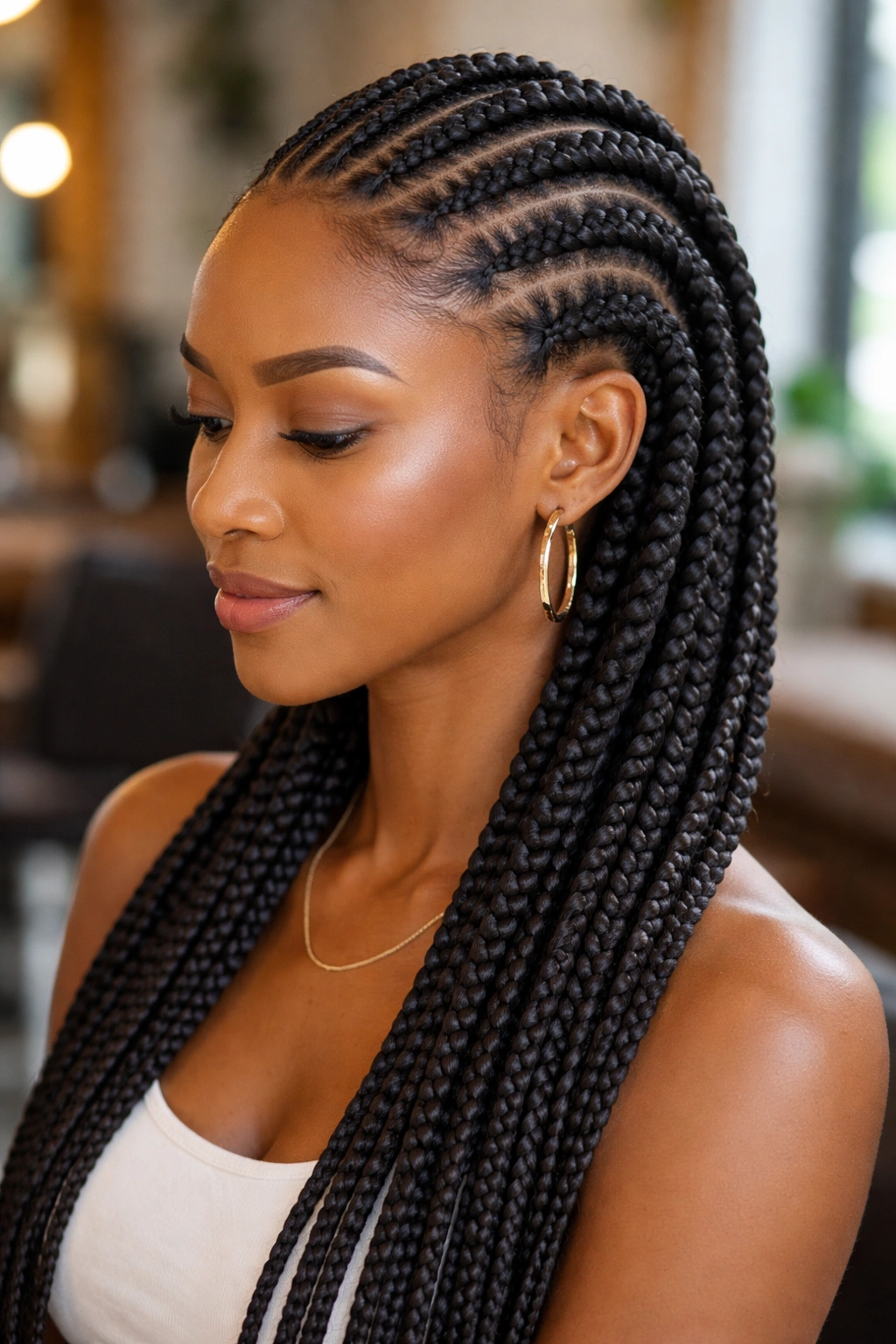 Close-up of a real person with Ghana cornrows showing feed-in braids from scalp to ends