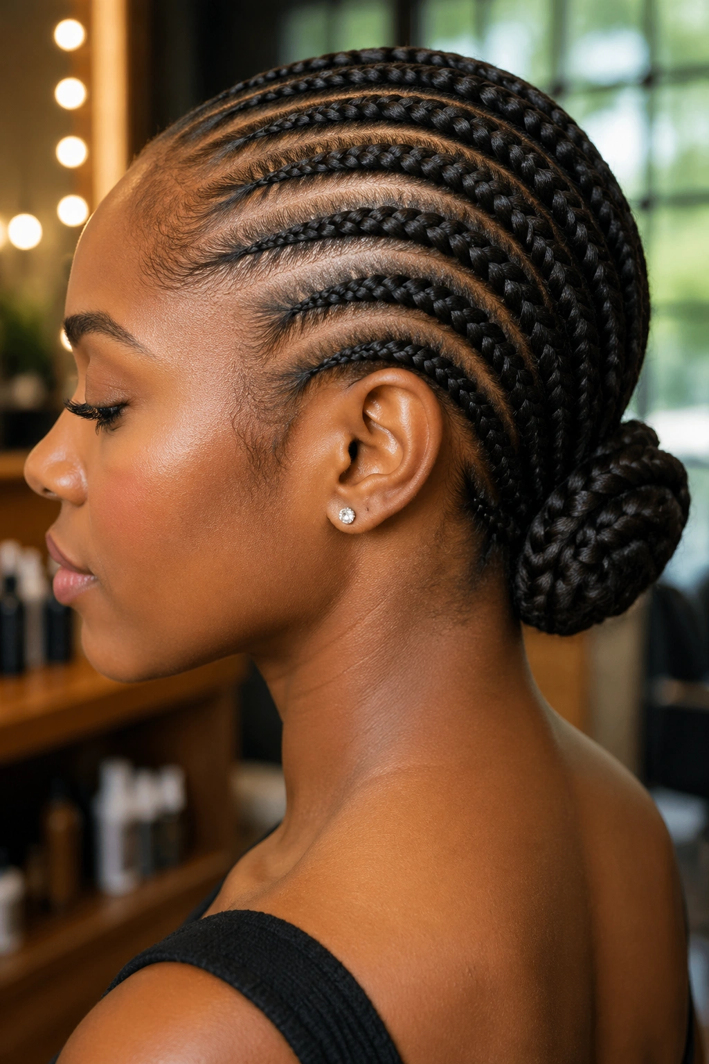 Ghana cornrows feeding into a low bun on a real person, close-up.