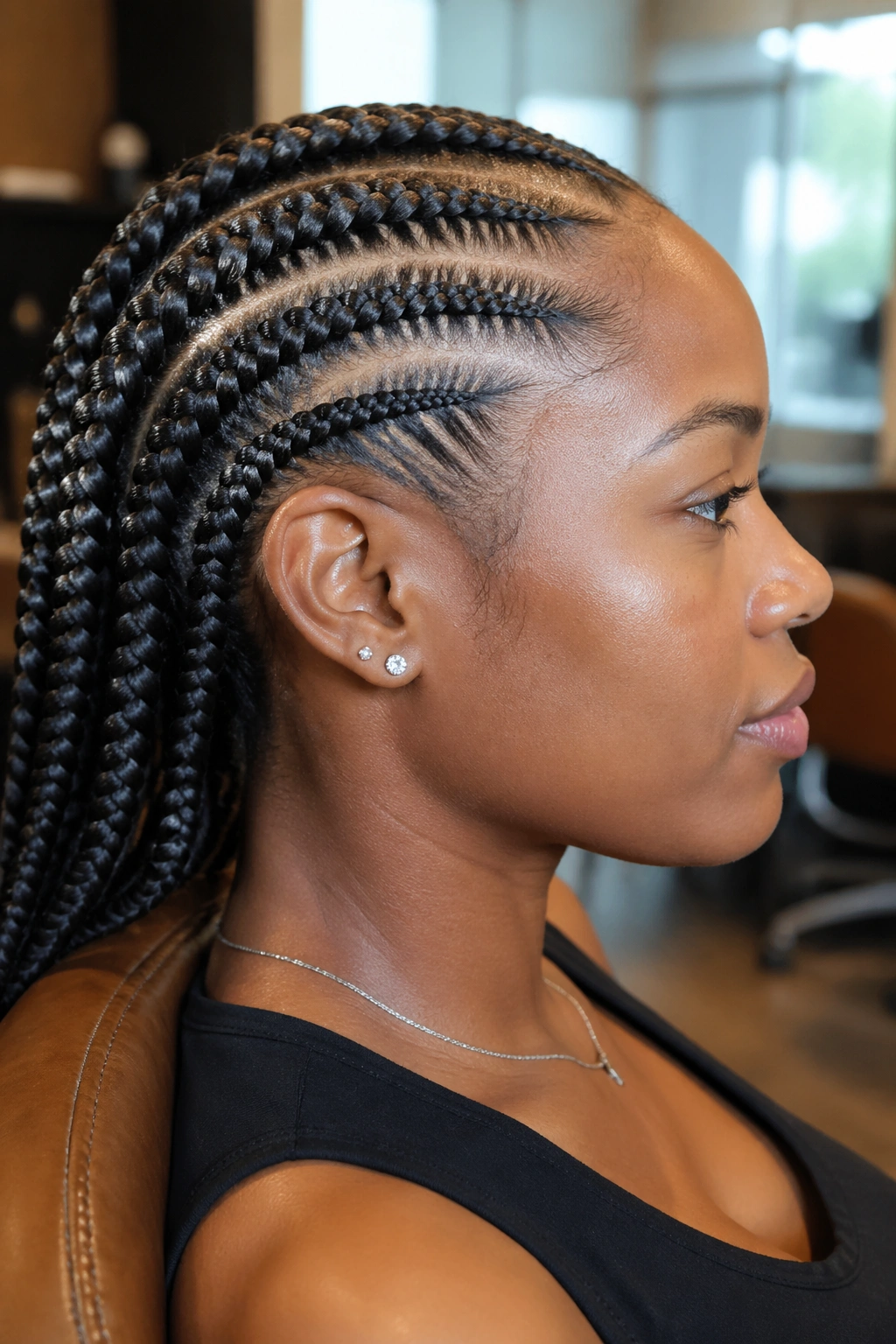 Close-up of a real person showing Ghana feed-in cornrow taper at the hairline in a salon