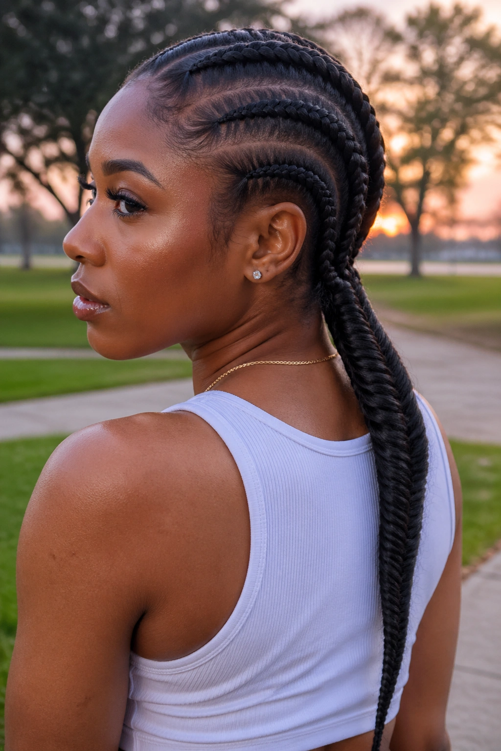 Portrait of a real woman with low Ghana cornrows transitioning to a fishtail braid at the nape.