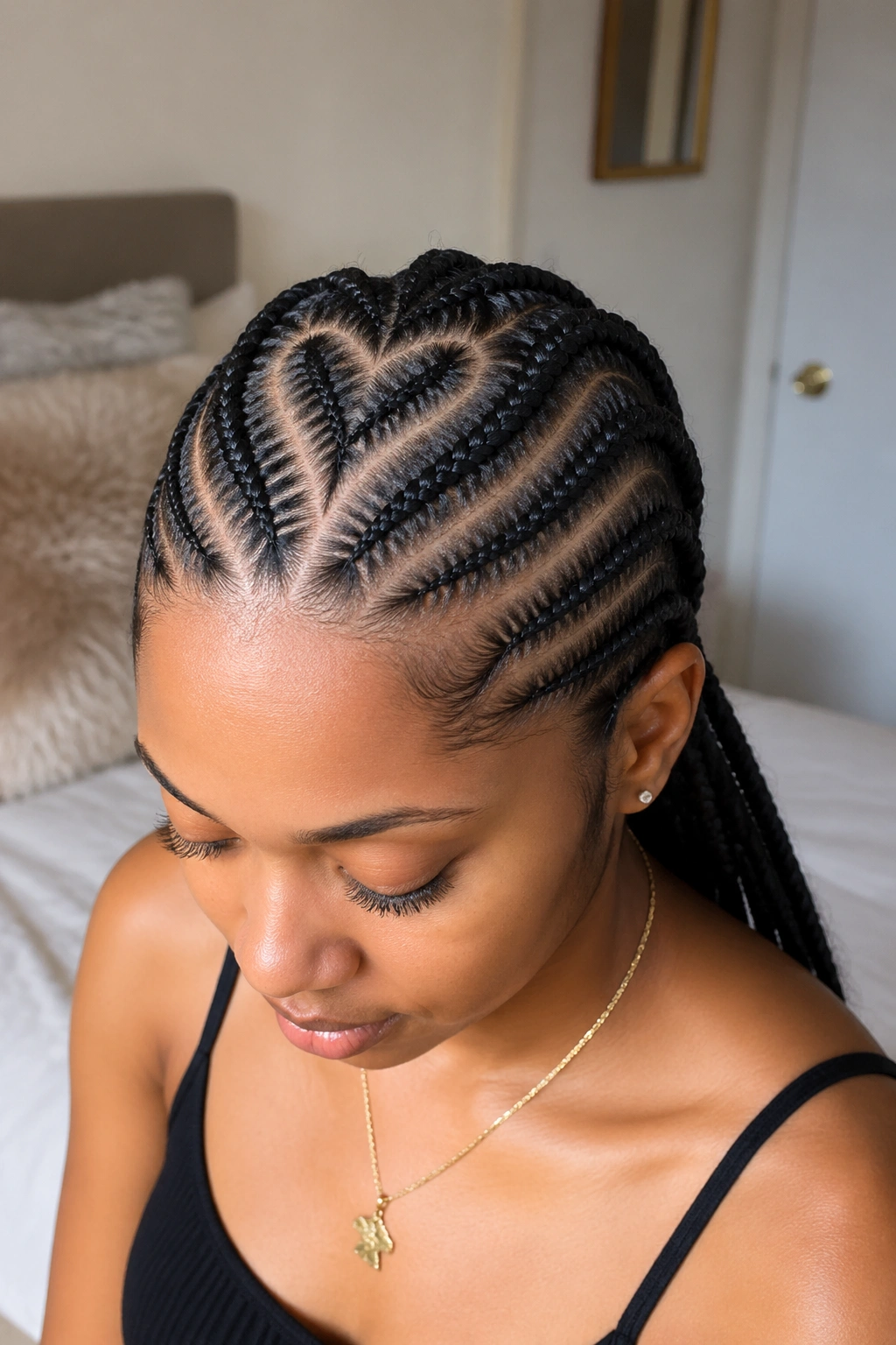 Close-up portrait of a real woman with Ghana cornrows featuring a heart-shaped crown part.