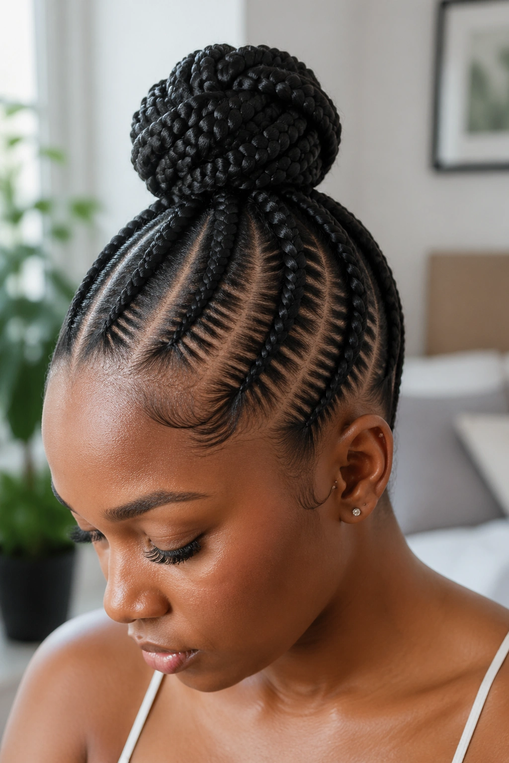 Close-up of a real person with a high bun made of Ghana cornrows.